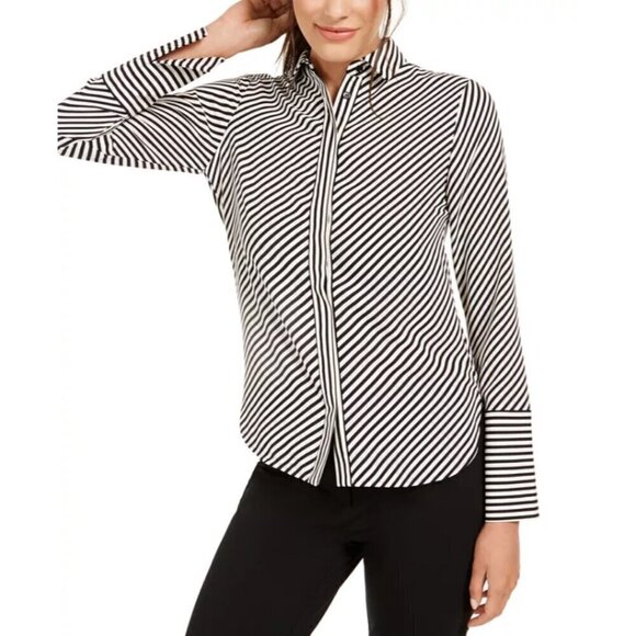 Anne Klein L Black and White Asymmetrical Striped Button Down Formal Shirt NWT - Picture 2 of 6